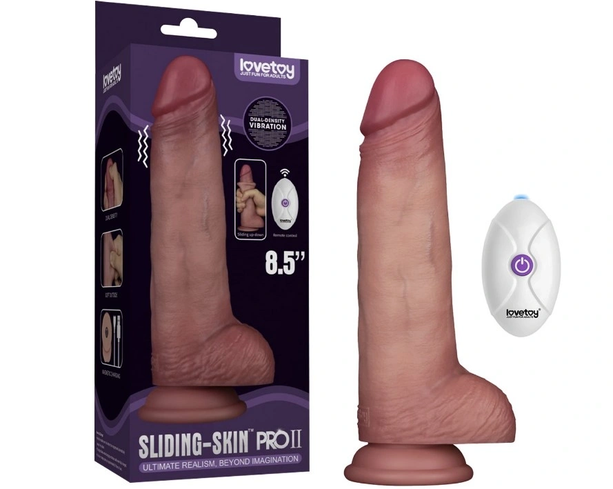 Jucarii Sexuale, Vibrator Realist Sliding-Skin PRO II, Remote Control, Silicon Dubla Densitate, Maro, 21.5 cm, Erotic24.ro