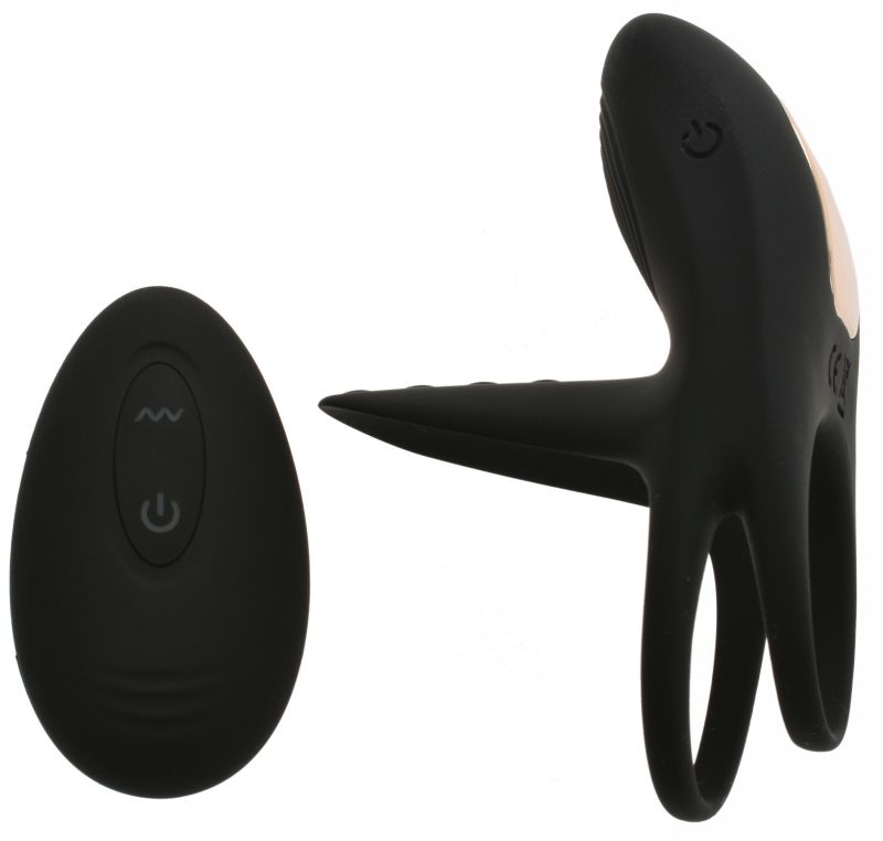 Inel Dublu pentru Penis Remote Control 10 Moduri Vibratii USB Silicon Negru Passion Labs