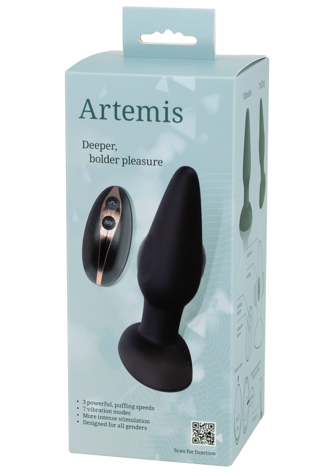 Dop Anal Artemis Pulsatii-Vibratii, Remote Control, Silicon, Negru, 15.5 cm