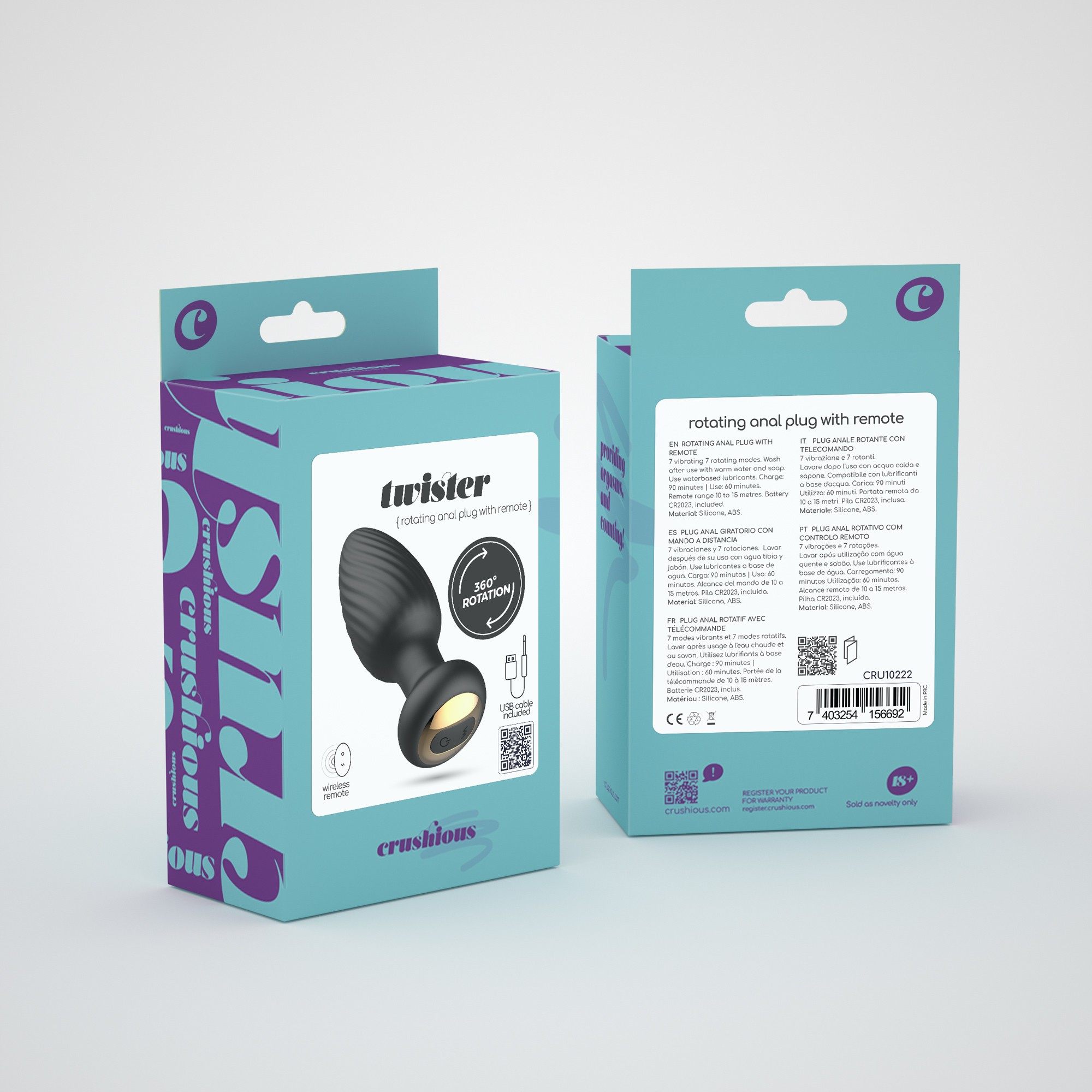 Dop Anal Twister Remote Control, 7 Moduri Vibratii, 7 Moduri Rotatii, Silicon, USB, Negru, 9.6 cm