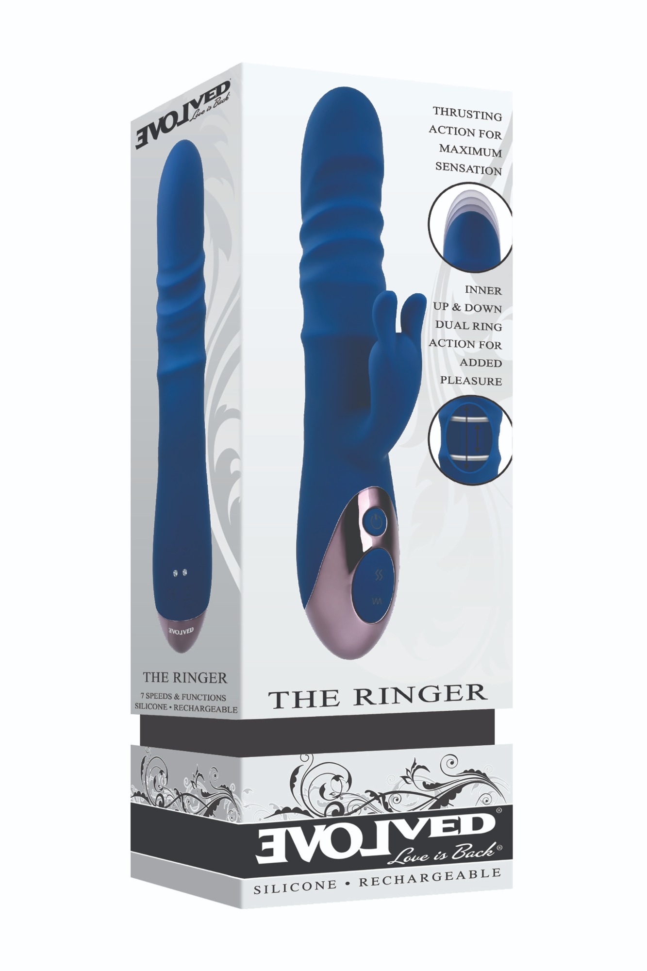 Vibrator Iepuras The Ringer 10 Moduri Stimulatoare, Thrusting, Silicon, USB, Albastru, 23.8 cm