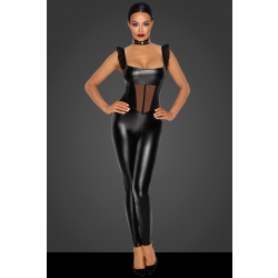 Catusit Crotchless Overall Powerwetlook cu Insertii Tulle si Volanse M