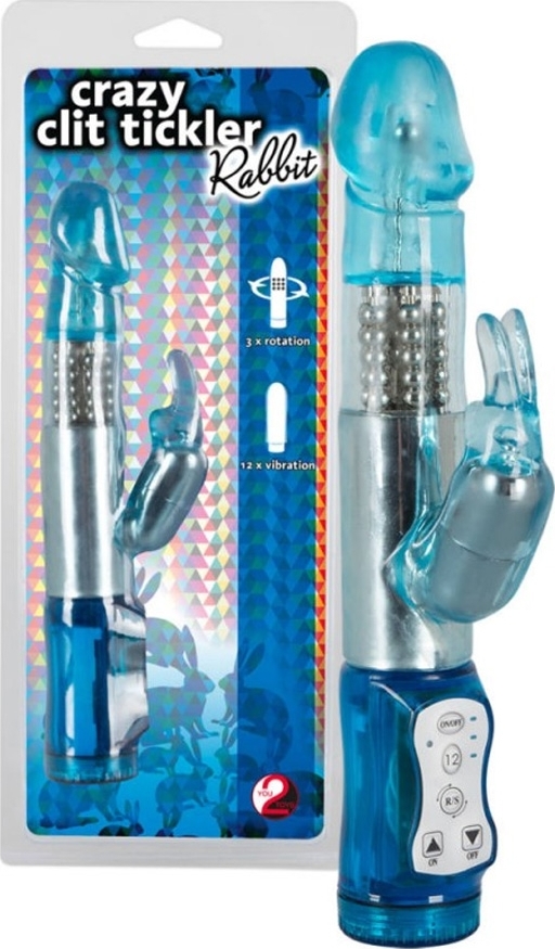 Vibrator Rotativ Crazy Tickler Rabbit, 12 Moduri Vibratie, TPR, Albastru, 21.5 cm