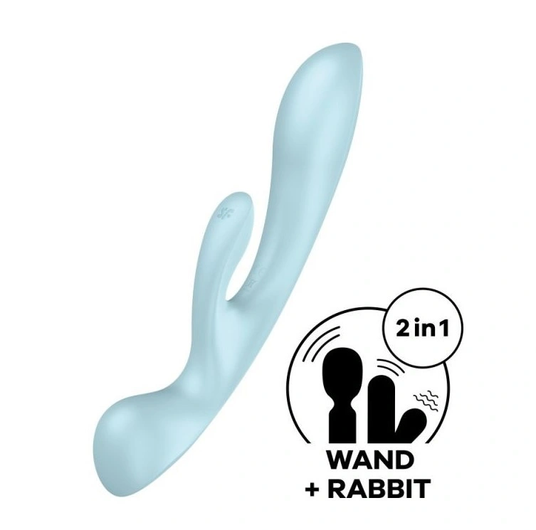 Vibrator Rabbit - Vibrator Triple Oh 3 in 1, 12 Moduri Vibratii, Silicon, USB, Albastru, 23.5 cm, Erotic24.ro