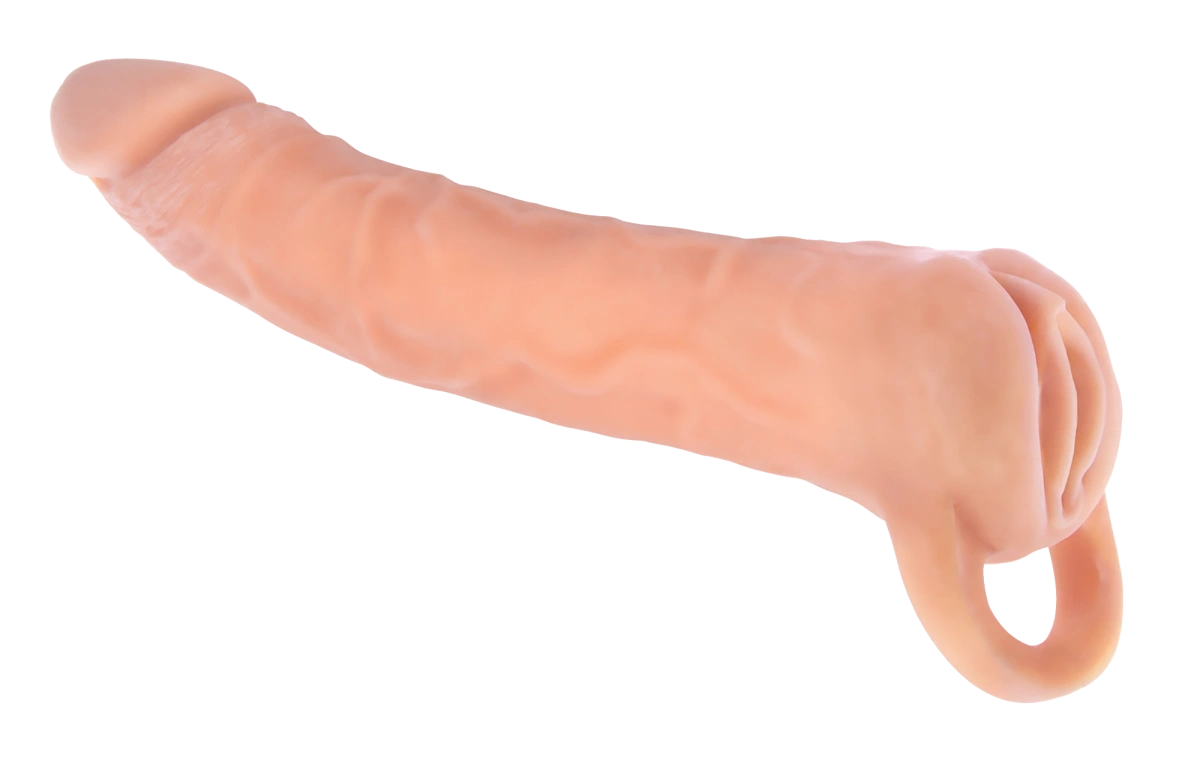Masturbatoare - 2 in 1 Prelungitor Penis si Masturbator Vagin, Soft TPR, Natural, 24 cm, Erotic24.ro