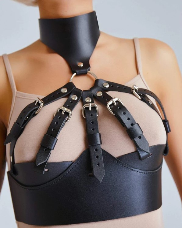 Sutiene - Harness Bra-Choker Piele Ecologica OS, Erotic24.ro