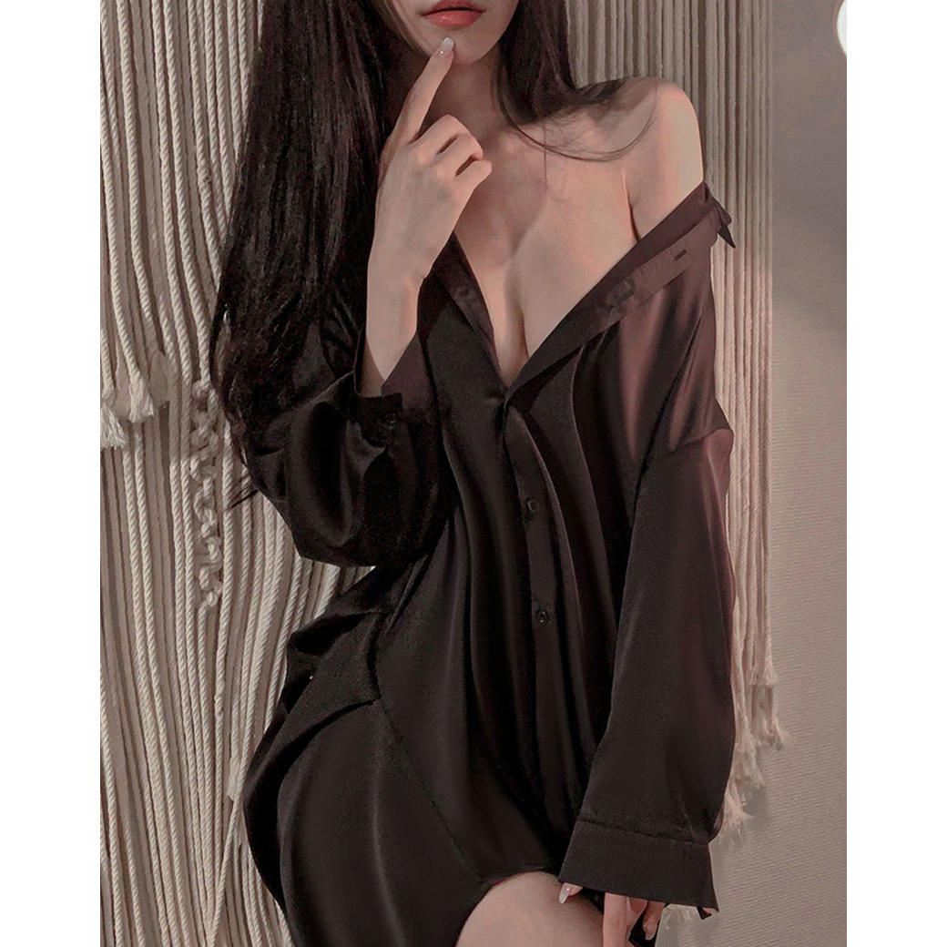 Lenjerie de Noapte - Rochie Tip Camasa, Negru, M, Erotic24.ro