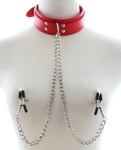 Soft Bondage - Zgarda cu Clame pentru Sfarcuri, Rosu, Passion Labs, Erotic24.ro