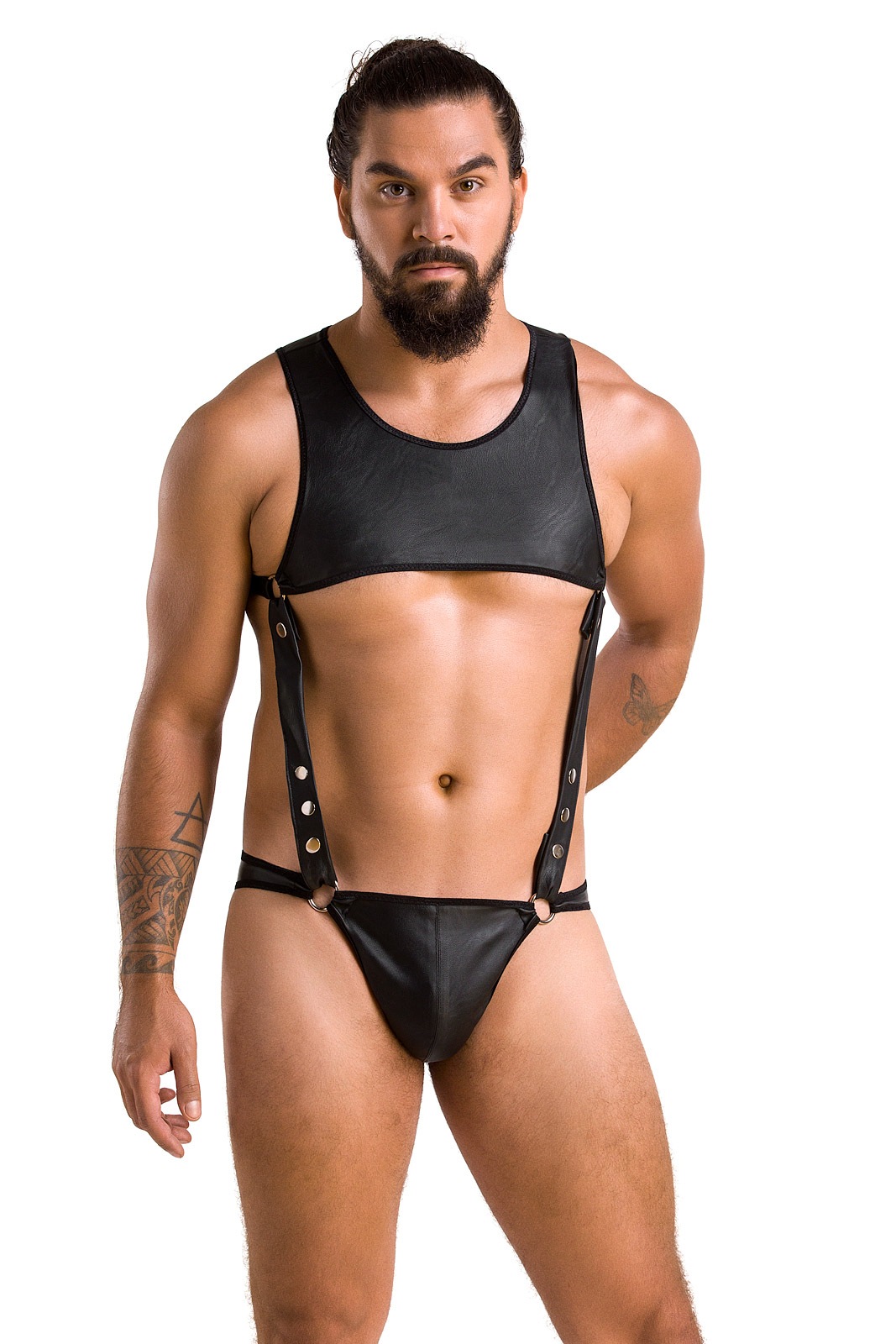 Lenjerie Sexy Barbati - Set 2 Piese Adam din Piele Ecologica cu Capse Metalice, Negru, L/XL , Erotic24.ro
