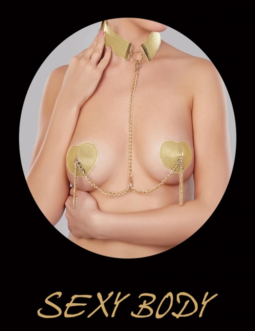 Accesorii Sexy - Set Acoperitoare Sfarcuri si Choker Sexy Hearties, Auriu, Erotic24.ro
