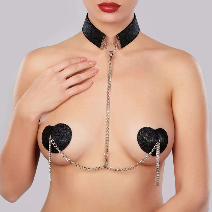 Accesorii Sexy - Set Acoperitoare Sfarcuri si Choker Sexy Hearties, Negru, Erotic24.ro