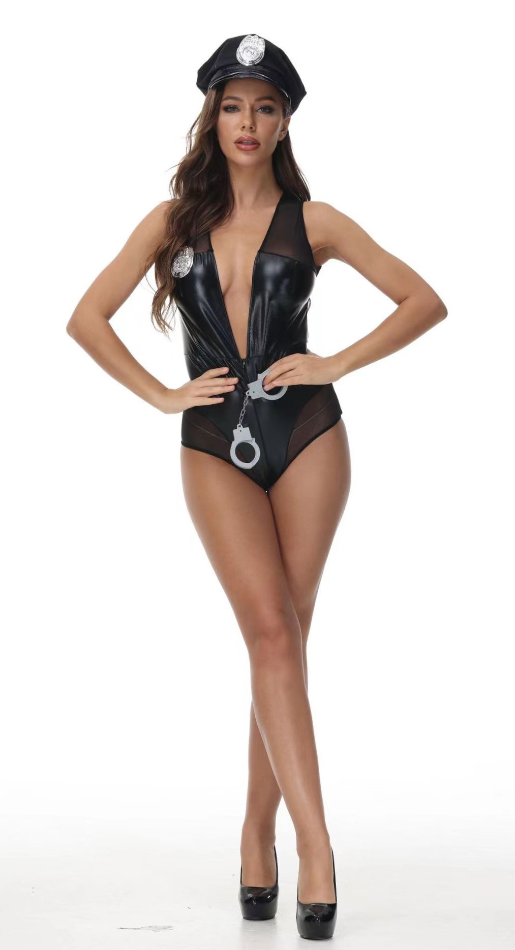 Role Play - Costumatie Politista Sexy, 4 Piese, Wetlook&Tulle, Negru, S, JGF Lingerie, Erotic24.ro