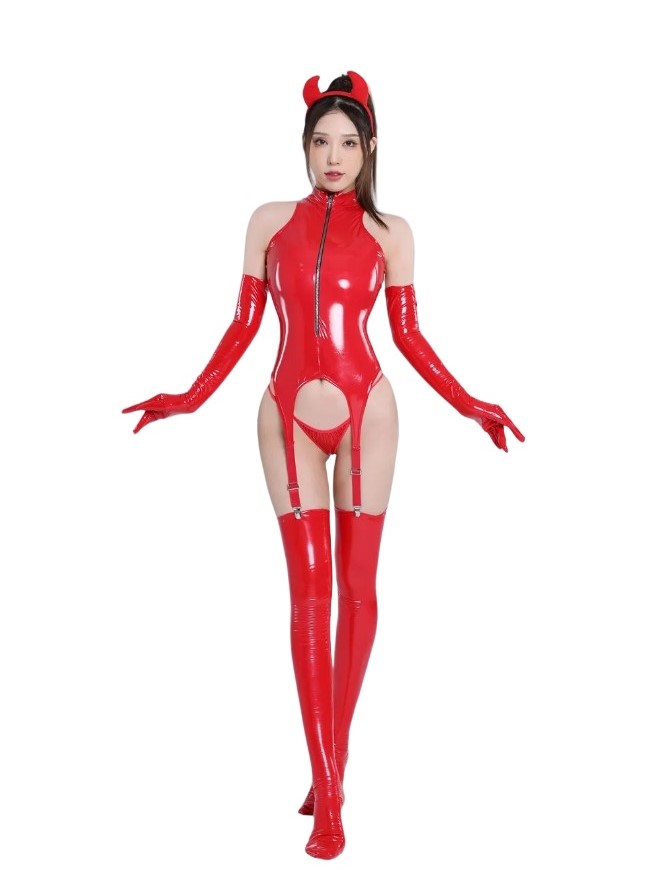 Role Play - Set Lenjerie Sexy Sinner, 3 Piese, Wetlook, Rosu, M, JGF Lingerie, Erotic24.ro