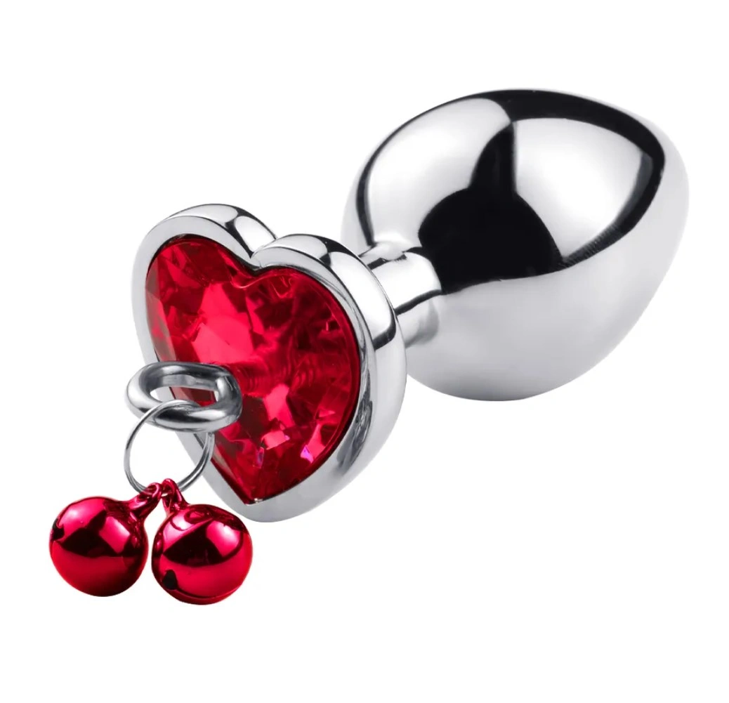 Dop Anal - Dop Anal Medium Heart Shape cu Clopotei Ring My Bells, Metal, Argintiu/Rosu, 8 cm, Passion Labs, Erotic24.ro