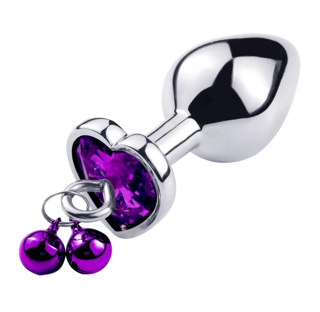Dop Anal - Dop Anal Medium Heart Shape cu Clopotei Ring My Bells, Metal, Argintiu/Mov, 8 cm, Passion Labs, Erotic24.ro