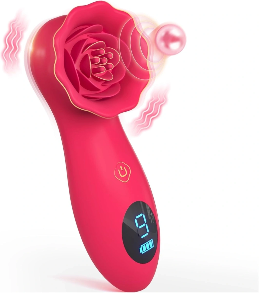 Vibratoare Clitoris - Stimulator Rosa Clit Stim, 9 Moduri Vibratii-Pulsatii, Ecran LCD, Silicon, USB, Rosu, Passion Labs, Erotic24.ro