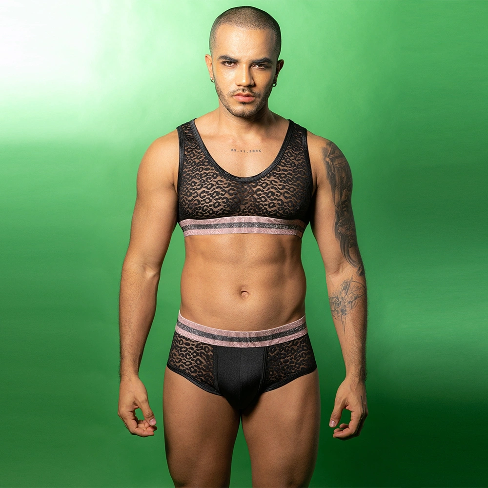 Lenjerie Sexy Barbati - Set Lenjerie Barbati 2 Piese, Plasa, Banda Roz Elastica, Negru, S/M, Erotic24.ro