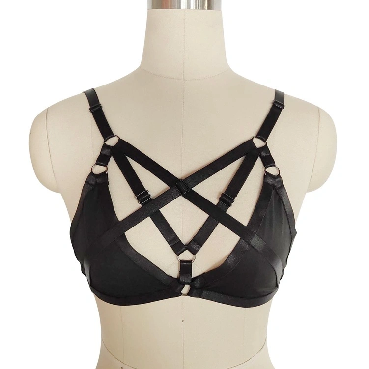 Lenjerie Fetish - Top Harness Denisse Elastic si Reglabil, Aspect Lucios, Negru, XS-L, Guilty Toys, Erotic24.ro