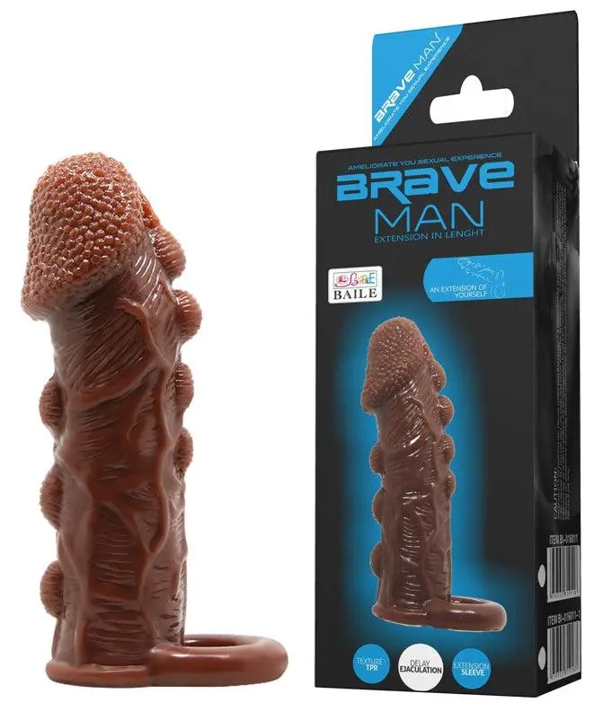 Prelungitoare si Mansoane Penis - Prelungitor Penis Brave Man Extra Stimulator, Maro Inchis, 14 cm, Erotic24.ro