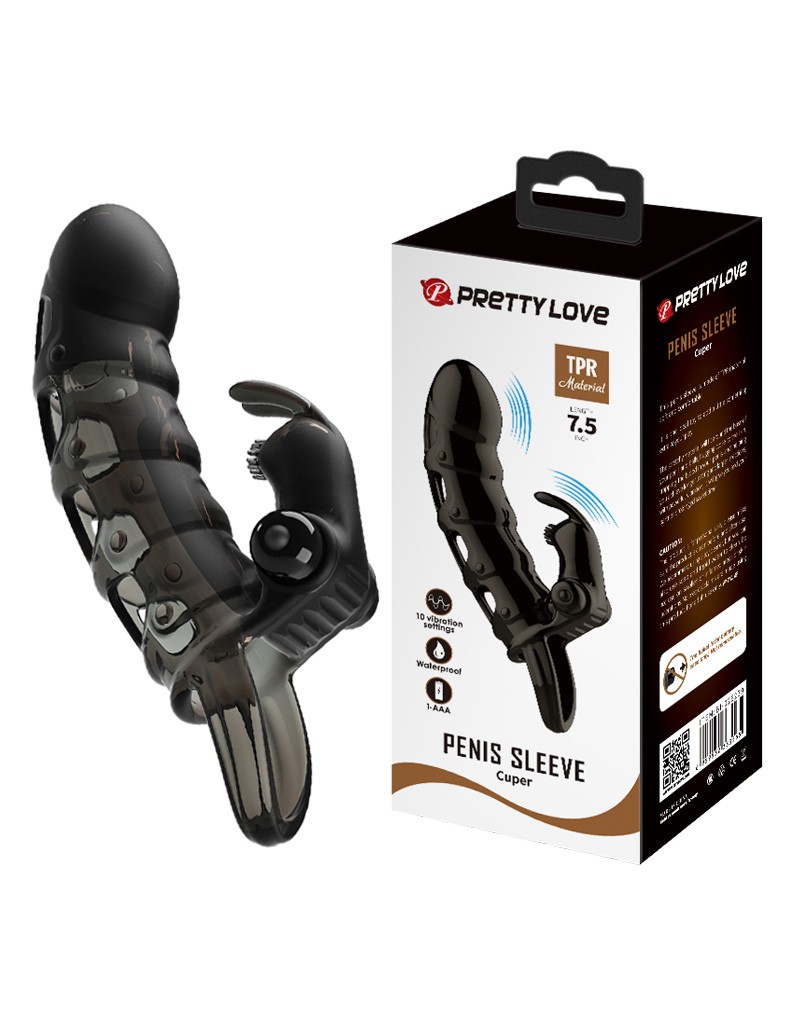 Prelungitoare si Mansoane Penis - Prelungitor Penis Cuper 10 Moduri Vibratii, +4 cm, TPR, Negru, Erotic24.ro