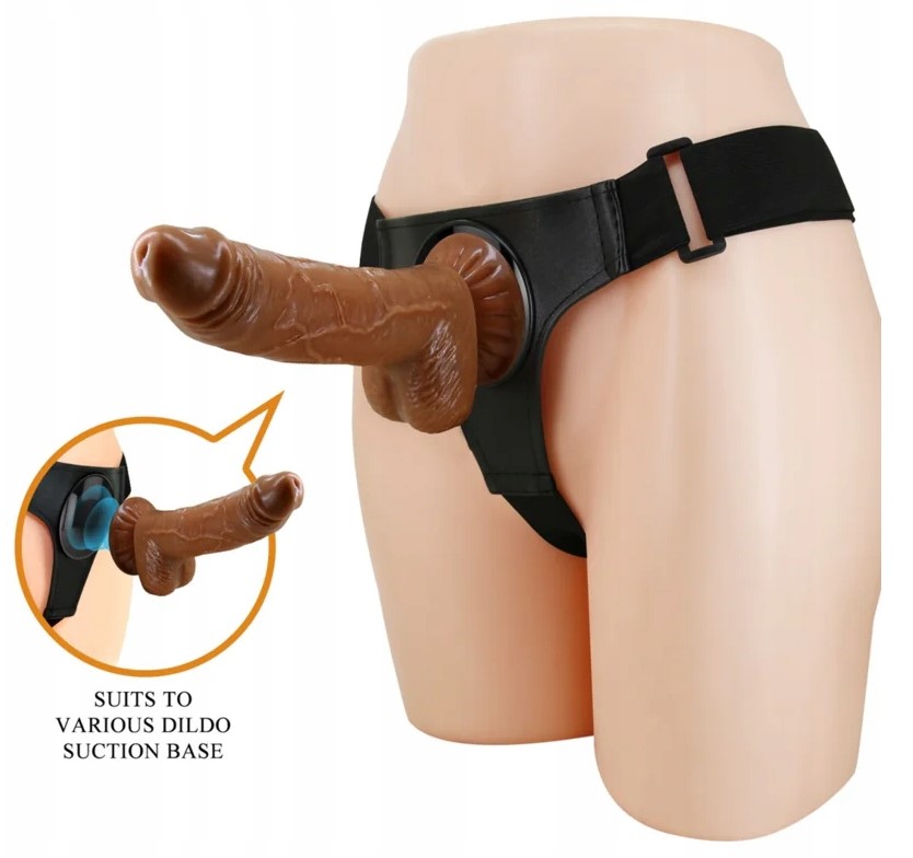 Strap On - Strap-on Harness Briefs Micheal, Fixare cu Ventuza, TPR Dubla Densitate, Maro, 20 cm, Erotic24.ro