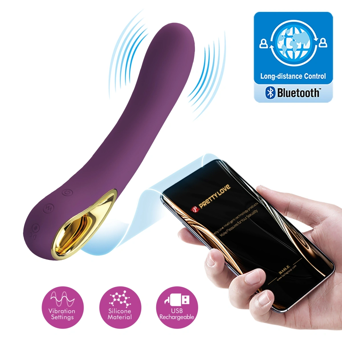 Vibratoare Punctul G - Vibrator Ethan, 12 Moduri Vibratii, Bluetooth Control, Silicon, USB, Mov, 20 cm, Erotic24.ro